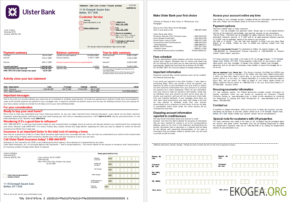 Relevé hypothécaire de la UK Ulster Bank aux formats Word et PDF, 2 pages